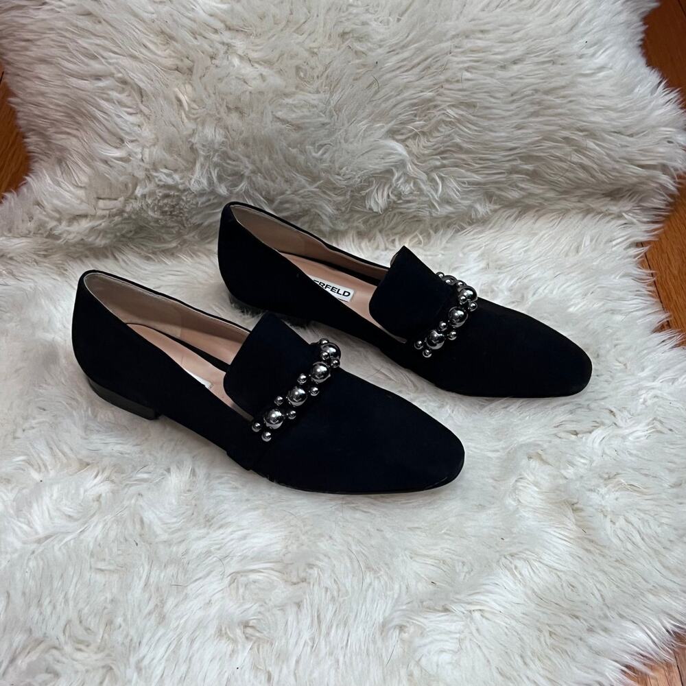 Karl Lagerfeld Paris Black Suede Pearl Embellished Loafers | Flats Size 7 - Picture 3 of 5